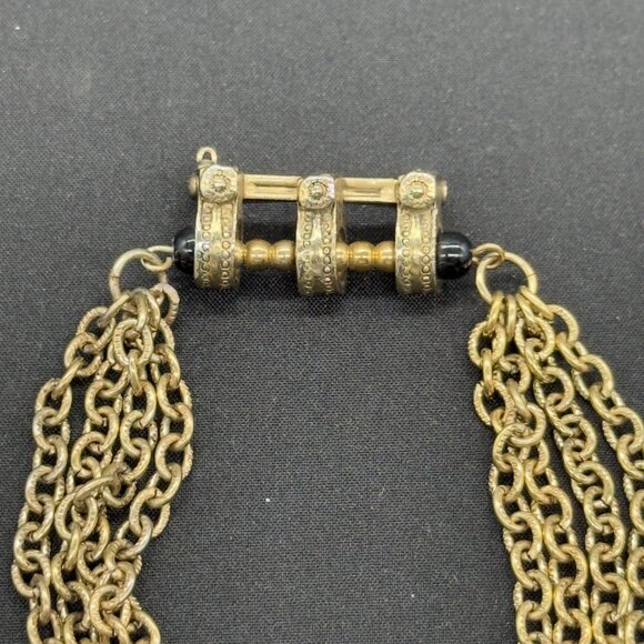 Vintage Egyptian Revival Gold Tone Chain Statement Brooch Pin Black Cabochons - Picture 4 of 14